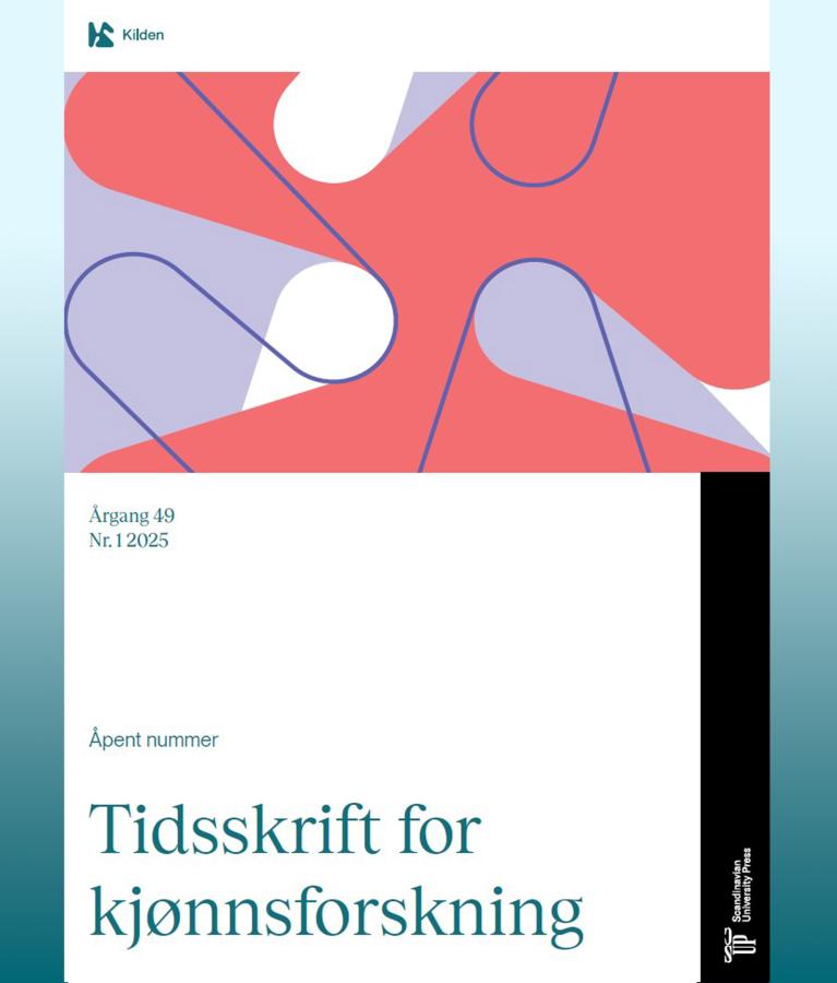 Forside Tidsskrift for kjønnsforskning 1-25 med grønn bakgrunn og grafisk design i rød, hvit og lilla utsnitt av Kildens logo K Forside Tidsskrift for kjønnsforskning 1-25 med grønn bakgrunn og grafisk design i rød, hvit og lilla utsnitt av Kildens logo K