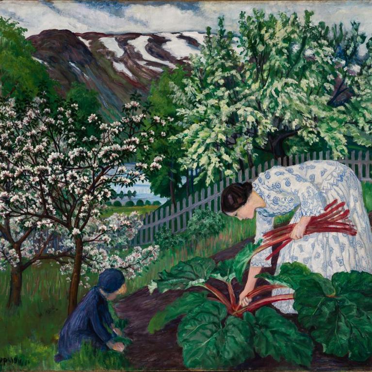 Rabarbra, maleri av Nikolai Astrup fra 1911 av kona Engle som plukker rabarbra i hagen